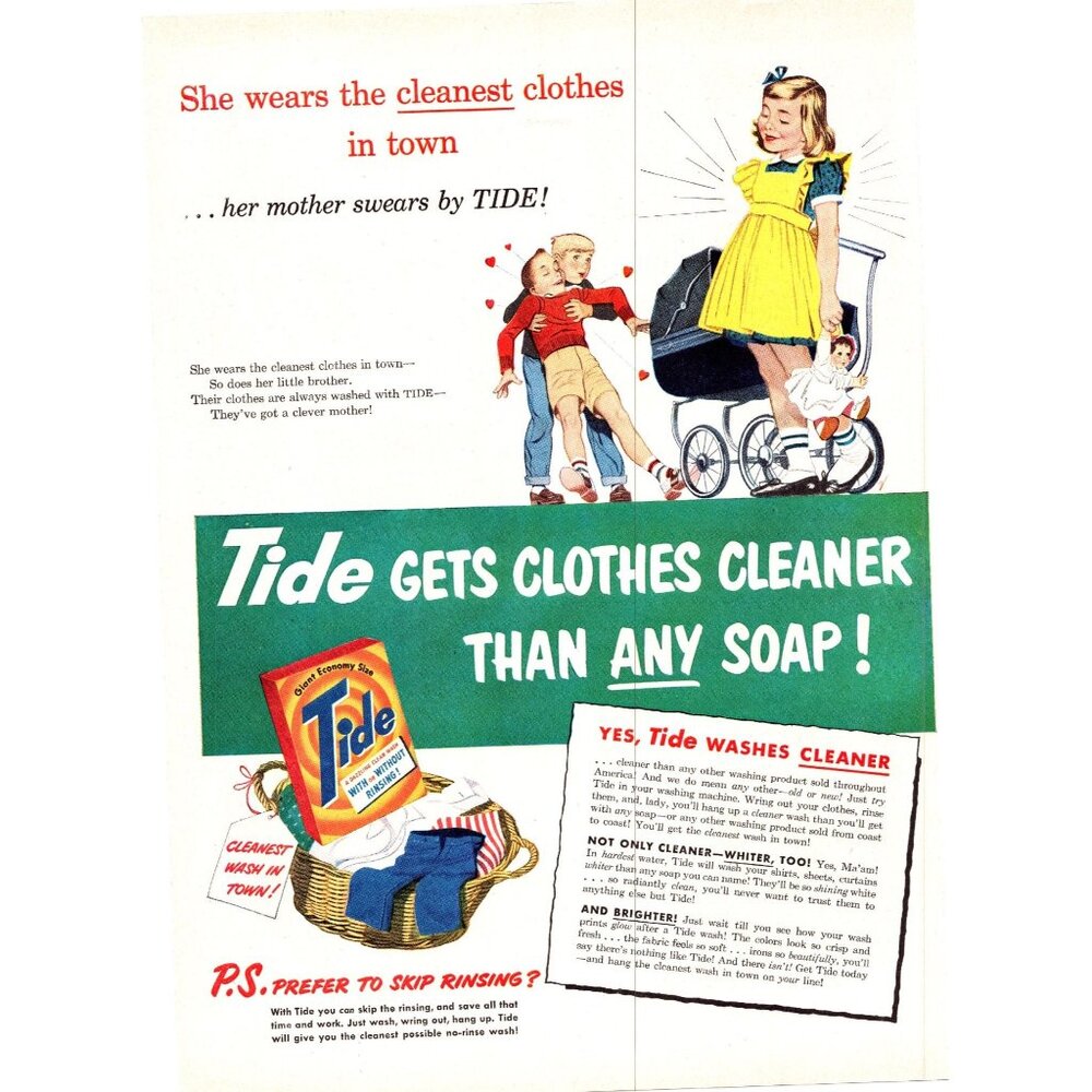 1951 Tide Laundry Detergent Vintage Print Ad Little Girl Doll Stroller Wall Art